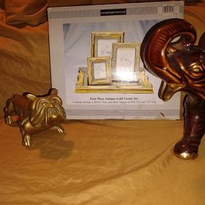 Brass Bulldog, ceremic elephant,gold vanity 4 peace